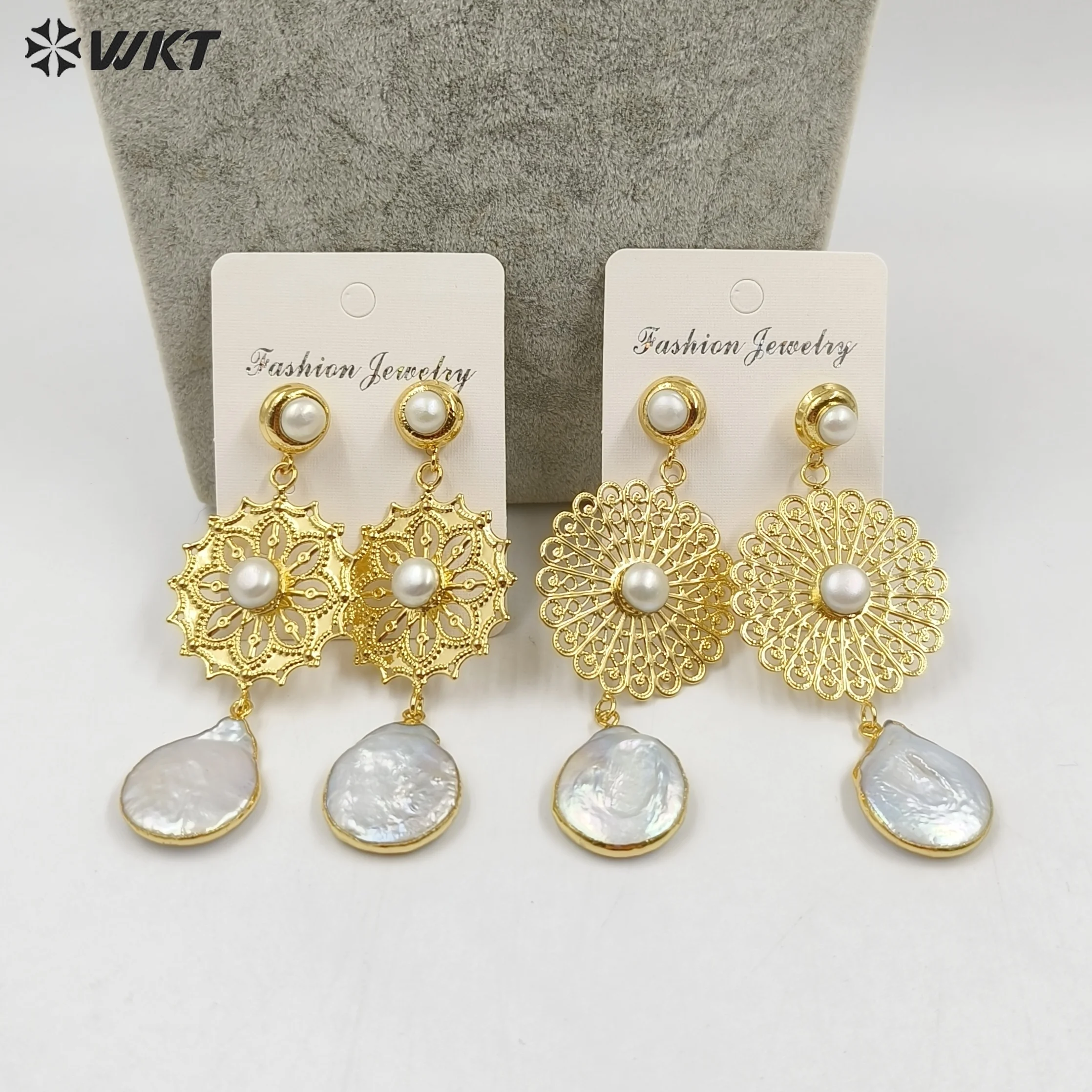 

WT-MPE128 Europe And America Super Favourite Women White Natural Pearl Hollow Flower Pendant Earrings In 18K Gold Plated