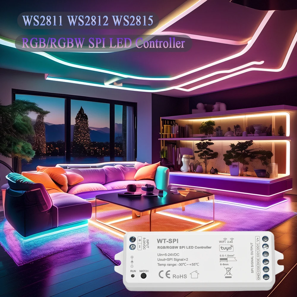 WS2812B WS2811 2.4G WiFi WT-SPI RGB SPI LED Strip Controller Tuya APP/Smart Life/Google Home/Alexa Control Support WS2813 WS2815