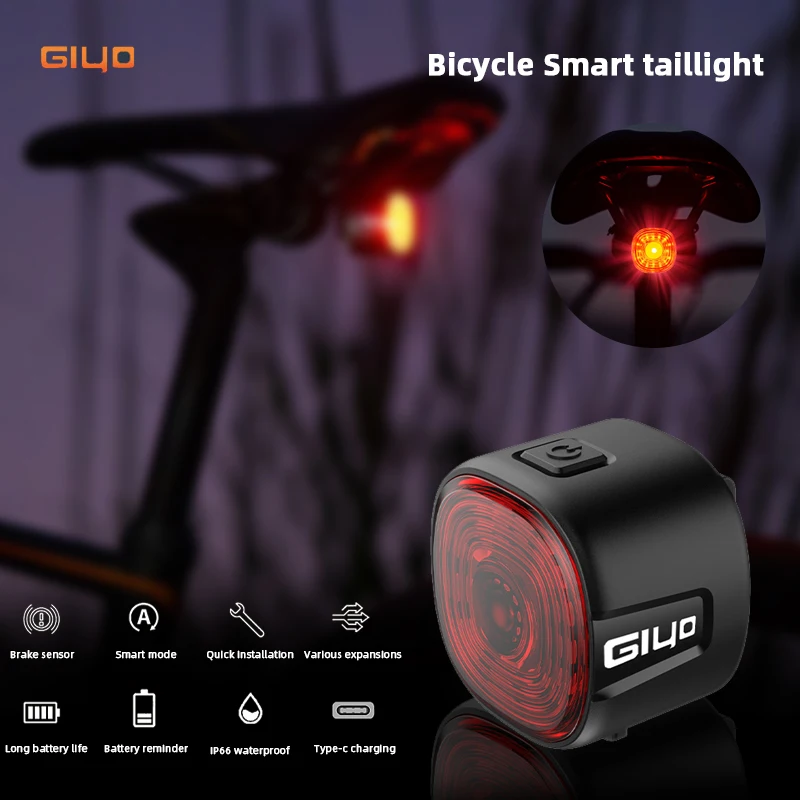 Giyo-luz trasera inteligente para bicicleta, lámpara Led con sensor de freno y 6 modos, multifunción, 250/400mAh, IP66