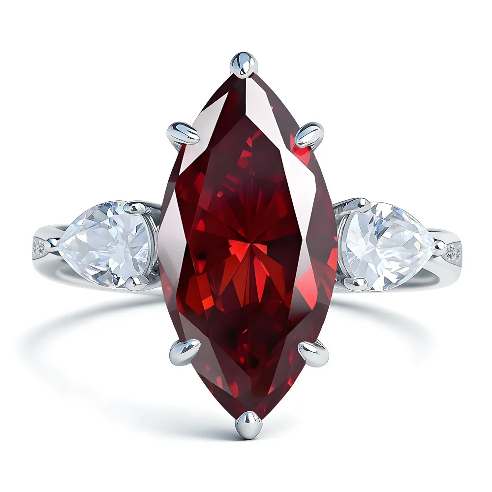 New S925 sterling silver red Malaysian eye-shaped colored diamond ring women's personality niche design jewelry