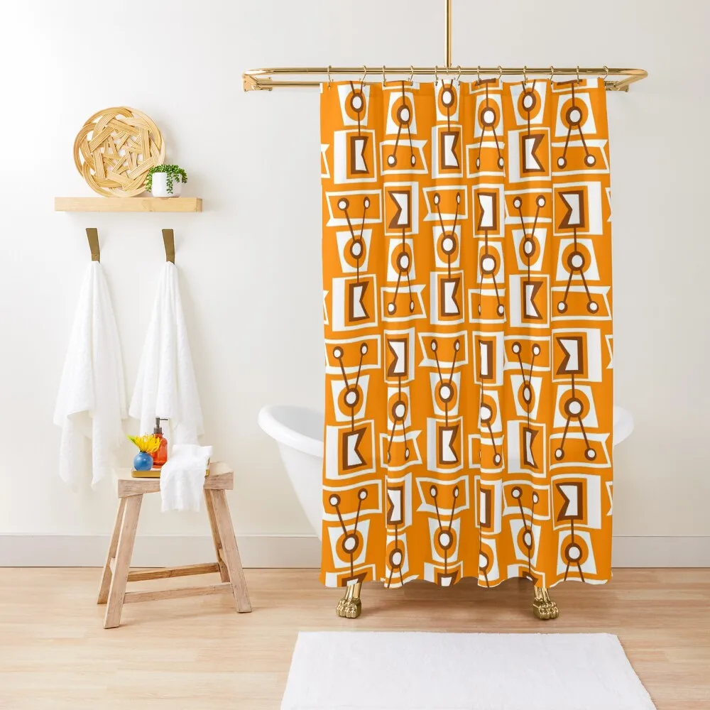 

Retro Brown and White TIKI PRINT on an Orange Background Shower Curtain Bathroom And Shower Products Cover Curtain