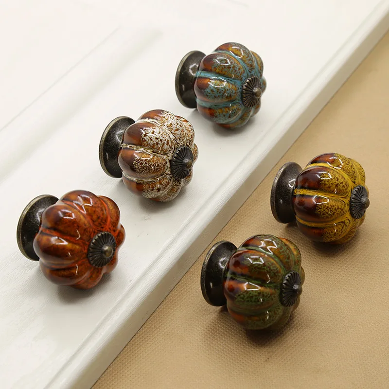 European Style Minimalist Rustic Single Hole Drawer, Wardrobe Door, Leopard Print Ceramic Pumpkin Handle