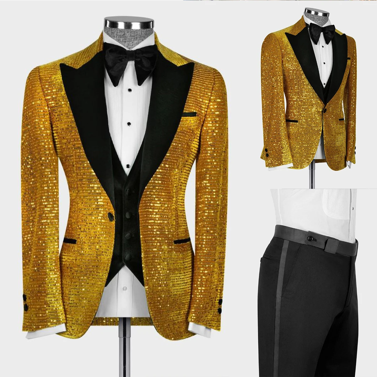 Blazer de lantejoulas dourado masculino, lapela pico, ajuste fino, jantar do noivo, traje formal de negócios, smoking de casamento, homem, 2 peças