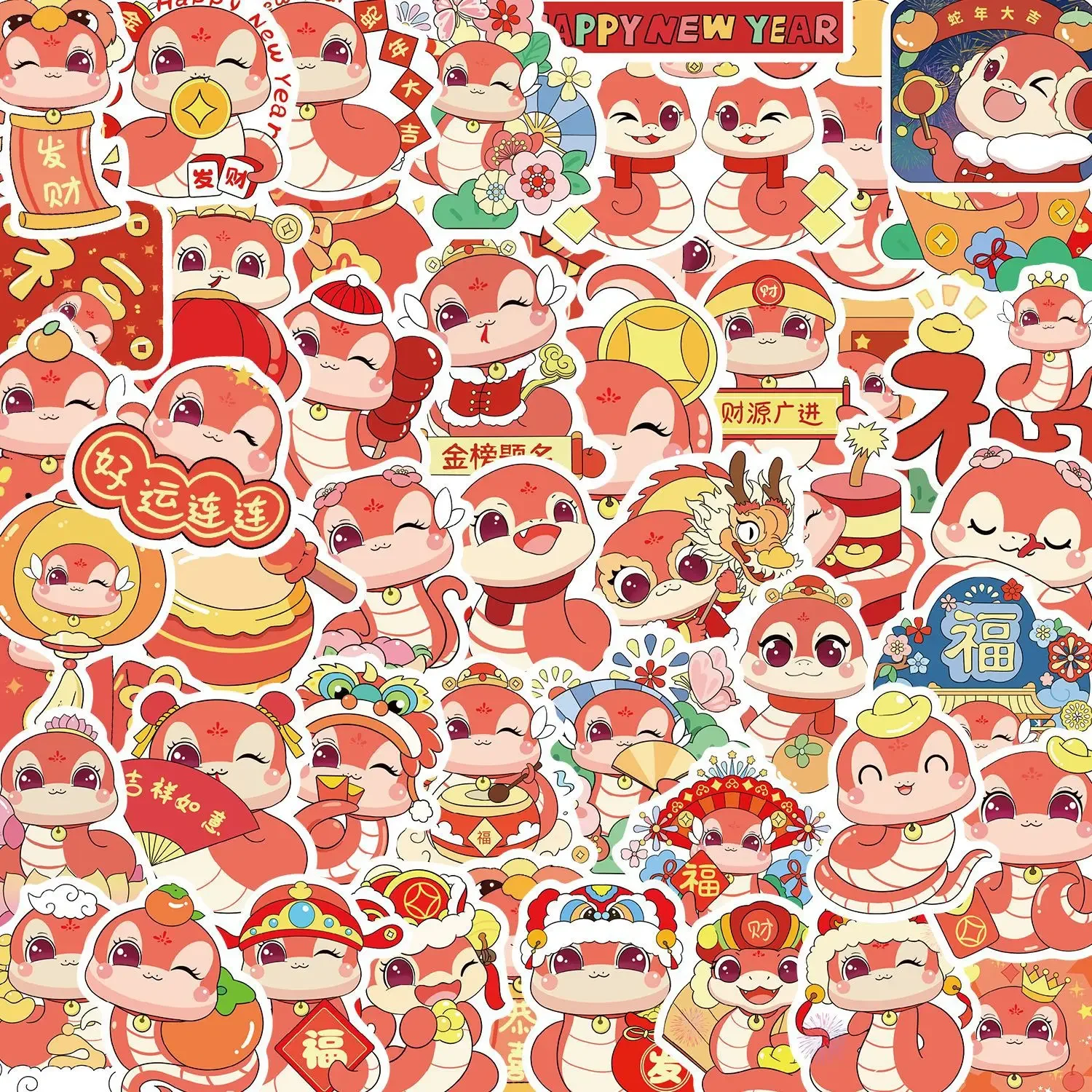 50PCS Cartoon 2025 New Year snake graffiti Sticker Aesthetic Children's Korean Decoration Scrapbooking Stationery School Supplie