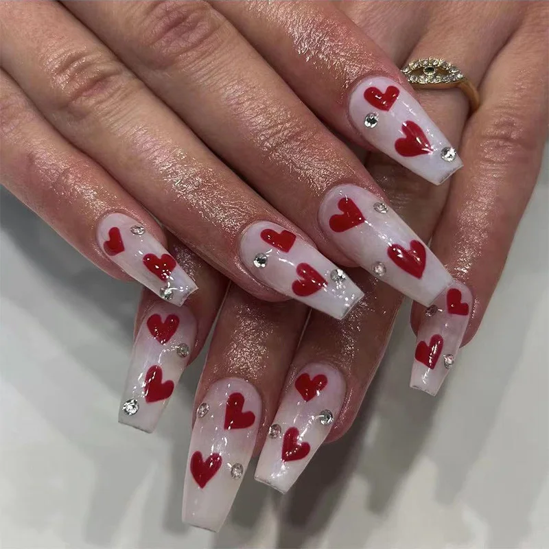 

3D fake nails set press on faux ongles middle size french coffin tips red heart with diamond designs DIY manicure false nail kit