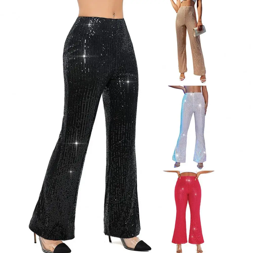 Women High Waist Sparkling Pants Wide Leg Flared Trousers Sequin Bling Party Slacks Glitter Night Out Pants Clubwear 반짝반짝 빛나는 바지