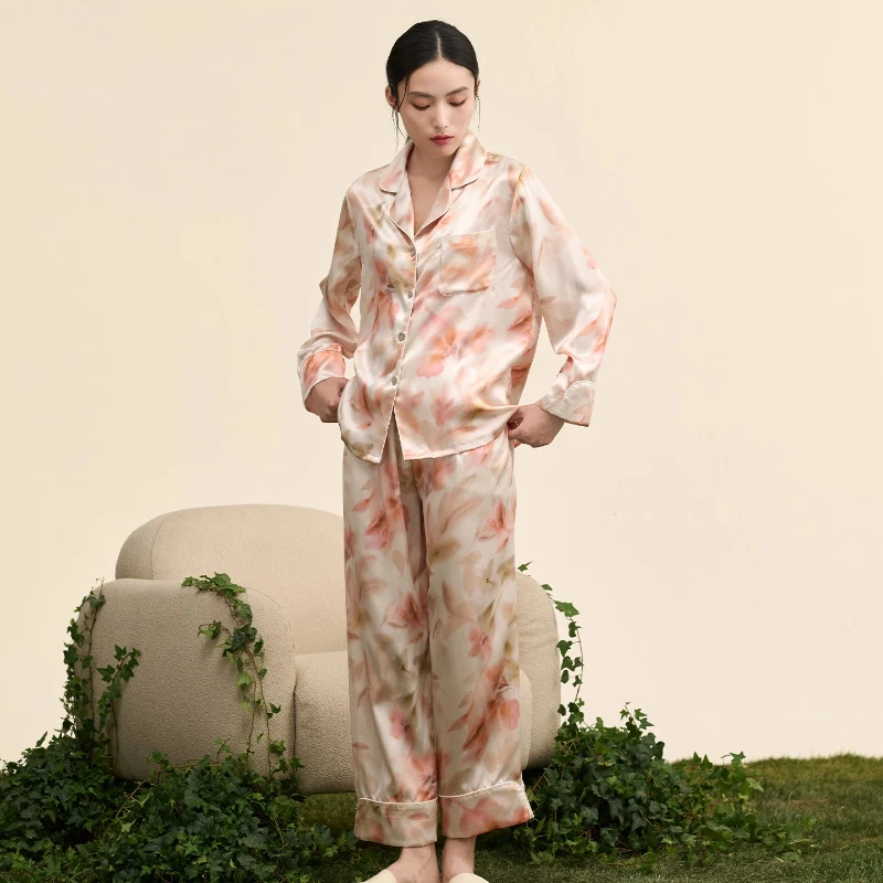 100% Real Silk Printed 2PCS/Set Sexy Nightwear Long Sleeve Lapel Cardigan & Pants Ladies Pajamas Home Wear Loose Fit Sleepwear