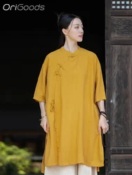 OriGoods Linen Lyocell Summer Long Shirt Women Loose Thin Chinese Japanese Zen Clothing Meditation Clothes Top Shirts C061