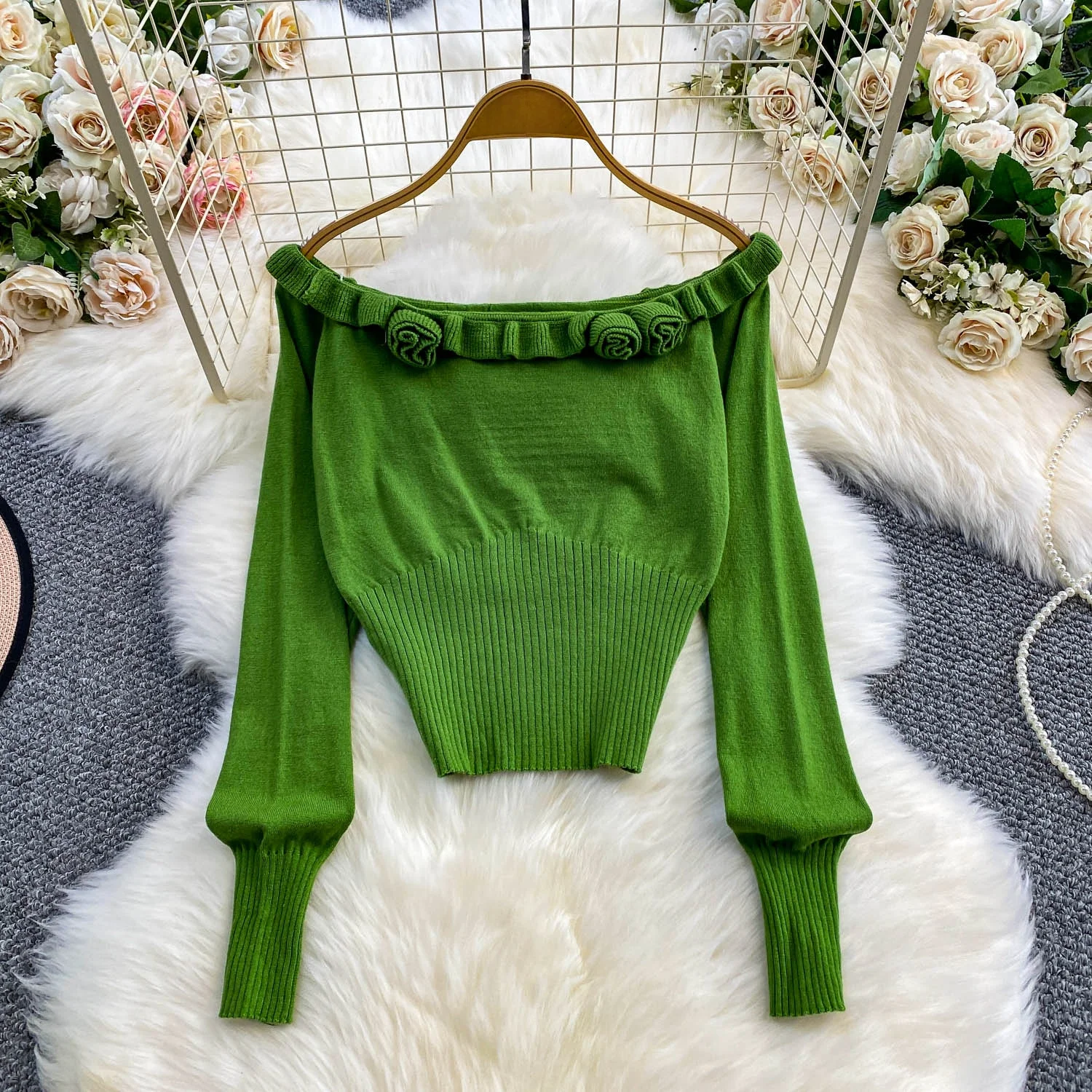 

Ele ort Knitted Sweater Women's Batsve Elastic Waist One-oulder Hem Ruffle Design Faionable Casual Top