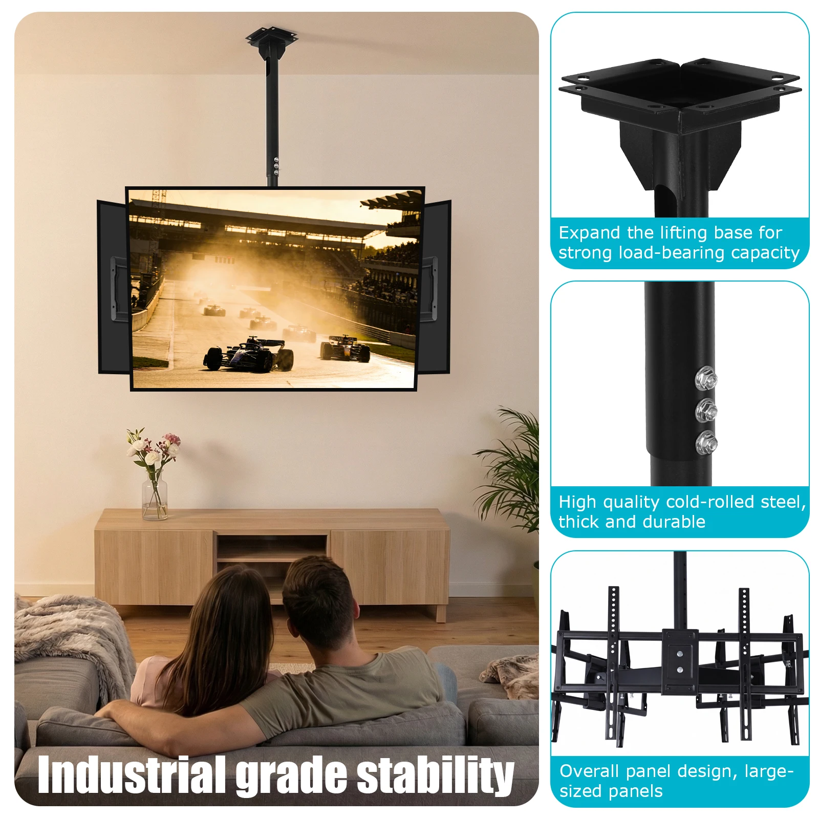TV Ceiling Mount for 32-70 Inch Flat Screen Displays Support 3 Screens TV Pole Mount Max VESA 600x400mm 330 Lbs Capacity
