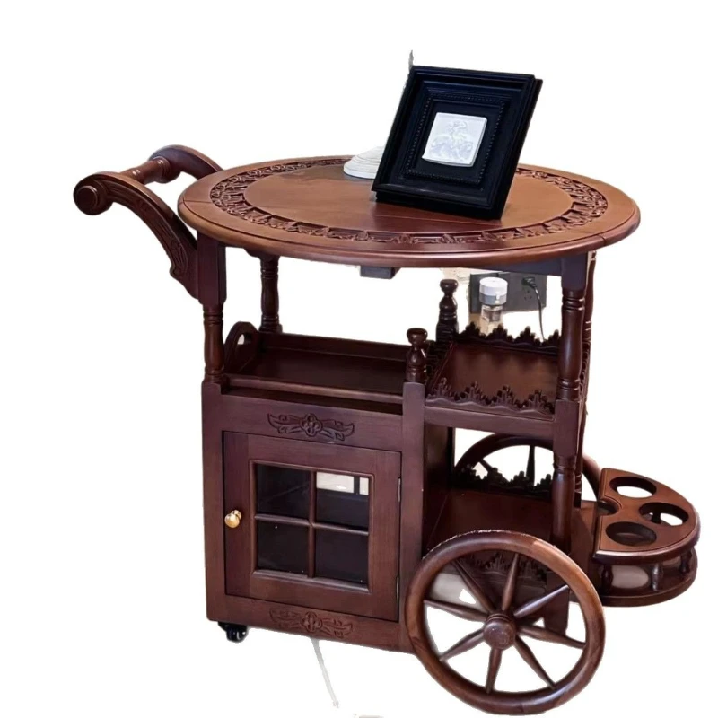 

French medieval style movable small side table American retro cart coffee table folding tea table dining car household small