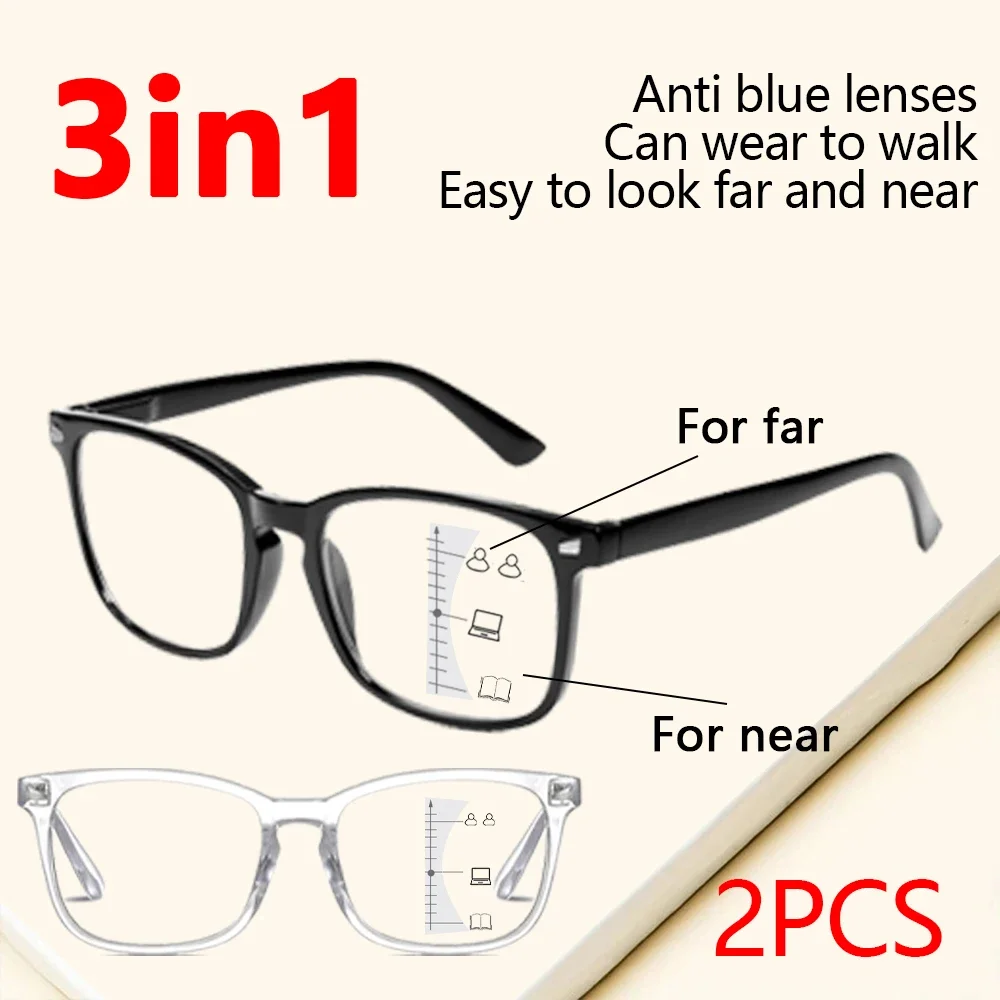 2 Pack Multifocal Progressive Reading Glasses for Men & Women, Blue Light Blocking Bifocal Presbyopia Glasses (+1.0 to +3.0)