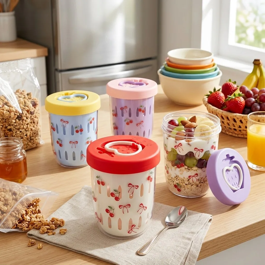 Overnight Oats Cup with Lids Fork Plastic Food Storage Container Sealed Salad Yogurt Cup Portable Strainer Fruit Cup Kids School