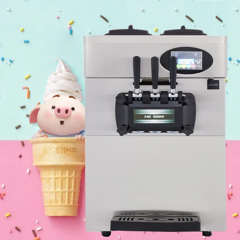 

20-28L/H Soft Ice Cream Maker Commercial Countertop Tricolor 2+1 Flavors Sweet Cones Freezing Equipment Vending Machine