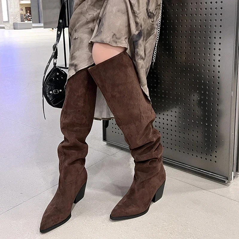 JOZHAMTA Size 34-42 Women Ruched Knee High Boots Elastic Suede Block High Heels Shoes Fall Winter 2025 Wide Calf Long Tall Boots