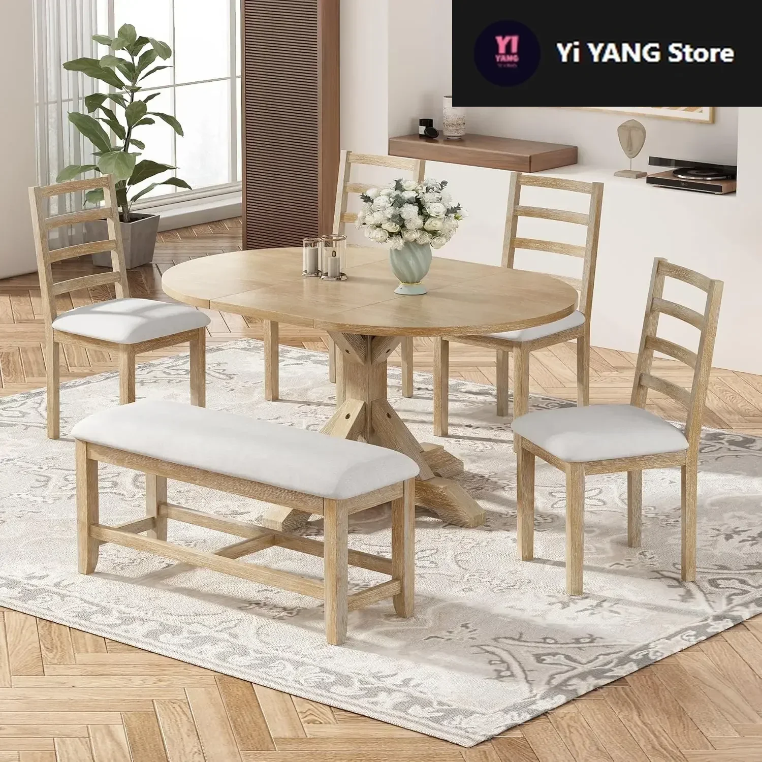 

6-Piece Extendable Dining Table Set Round Kitchen Table Set with Bench and 4 Dining Chairs Round to Oval Dining Room