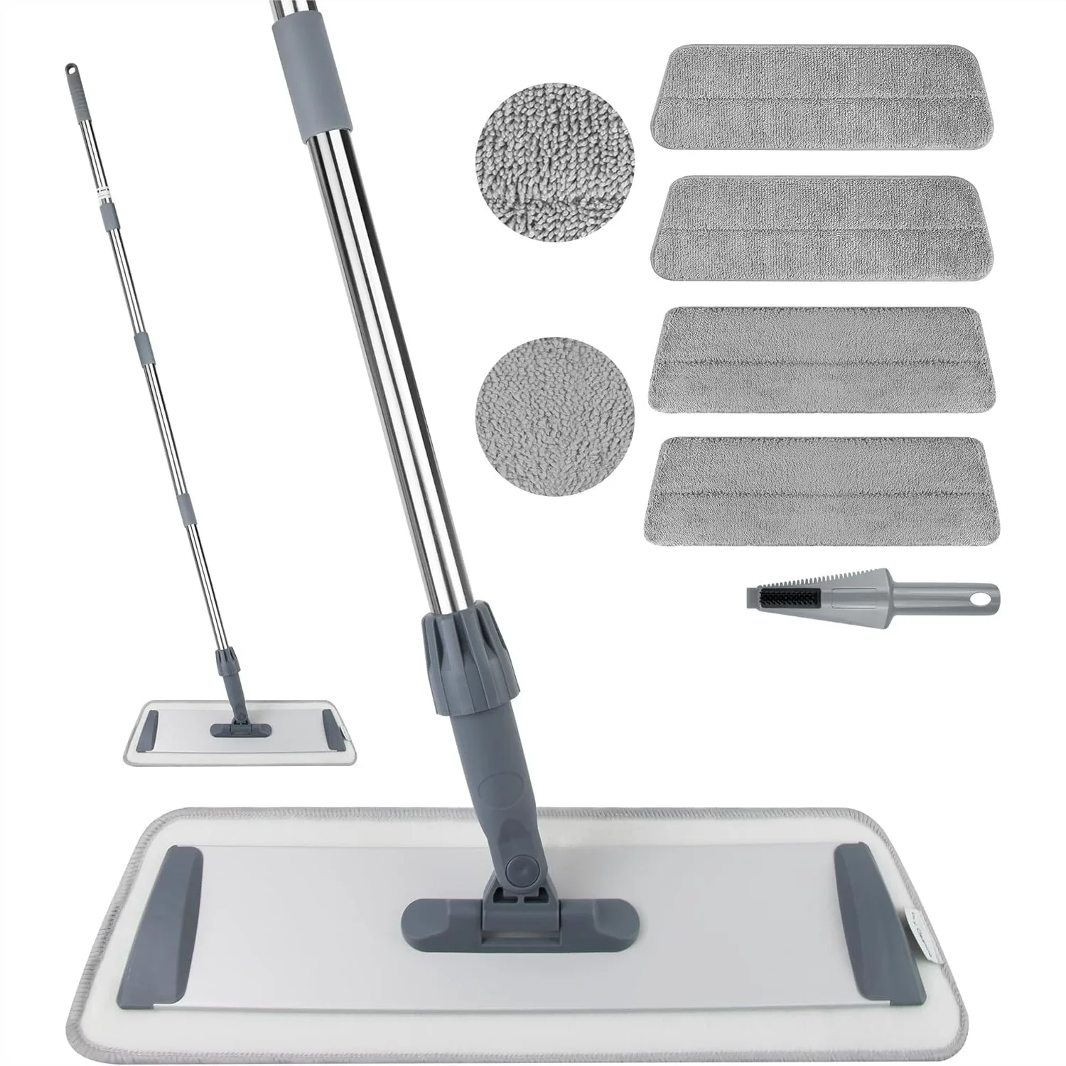 

Microfiber Flat Mop for Floor Cleaning, Wet Dry Dust Mop with 4 Reusable Washable Pads, 360° Rotating Head, Adjustable Stainless