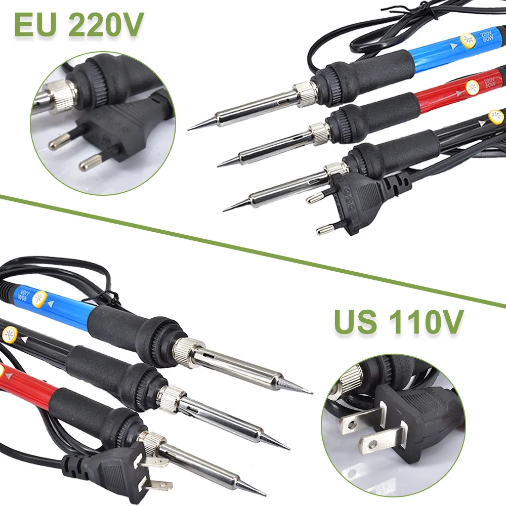 US/EU Electric Soldering Iron Set Adjustable Temperature 220V 110V 60W Heat Tool and Internally Heated Welding Nozzle Solder Tip