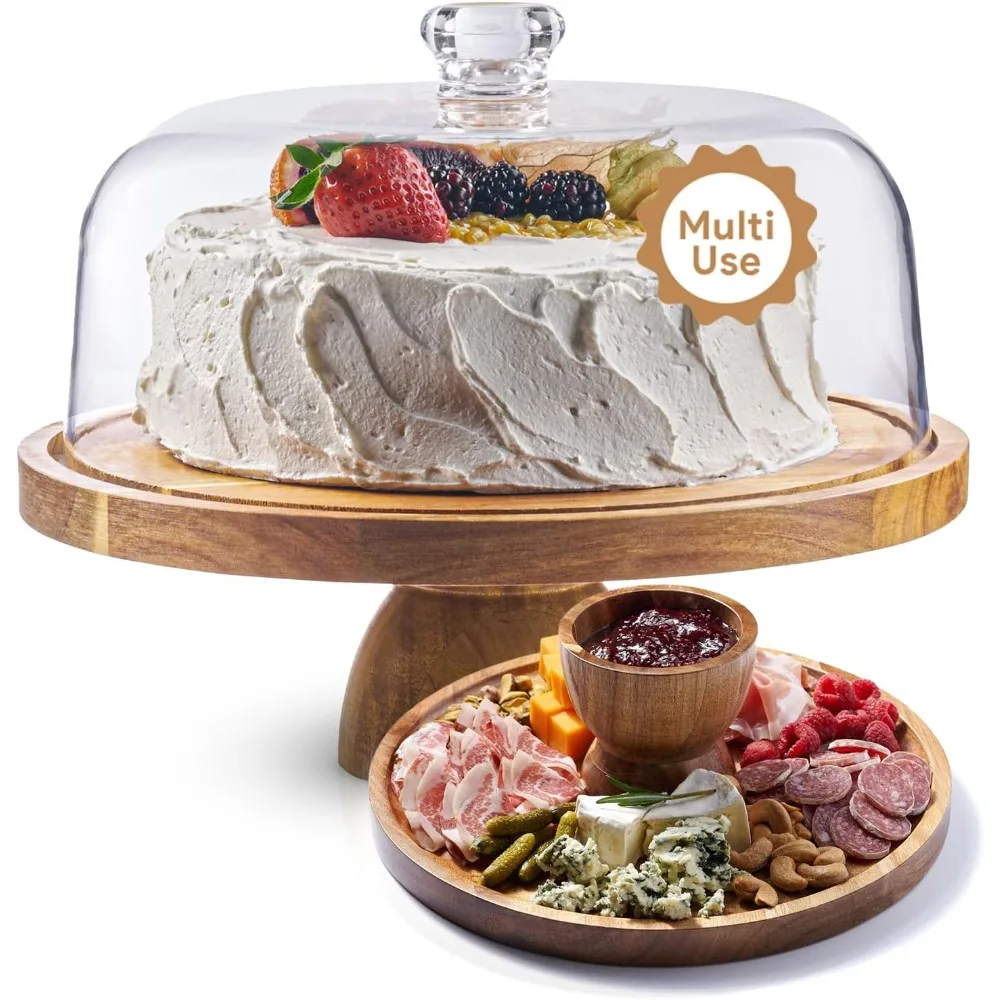 

Acacia Wood Cake Stand with Lid - 12in Round Cake Holder, 2-in-1 Dessert Table Display Set & Charcuterie Board for Cheese