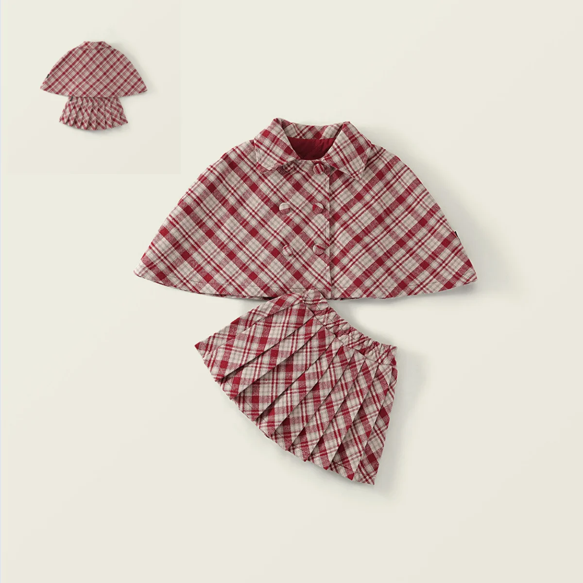 

Winter New 2Pcs Girls' Red Plaid Wool Set Thick Quilted Lined Korean Retro Cape Coat Pleated Skirt Kids Warm Outfit