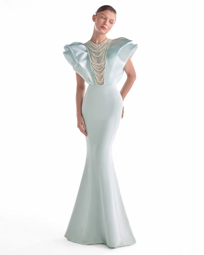 Customized Light Blue Mermaid Cap Sleeve Evening Dresses Chest Cheer with Handmade Pearls Floor Length Elegant Prom Party Gowns