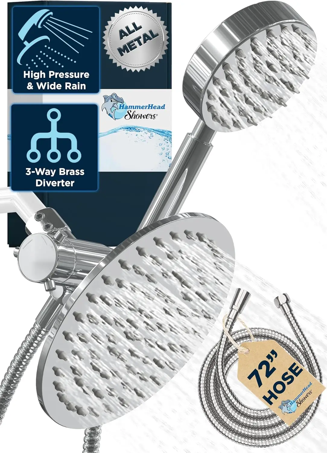 HammerHead Showers® ALL METAL Dual Shower Head Combo CHROME 8 Inch Rainfall High Flow Handheld High Pressure with Hose 6ft