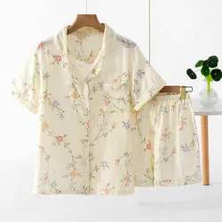 Pyjama d'été à manches courtes pour femmes, ensemble deux pièces en coton, double couche, gaze imprimée, vêtements de maison frais pour dames, nouvelle collection