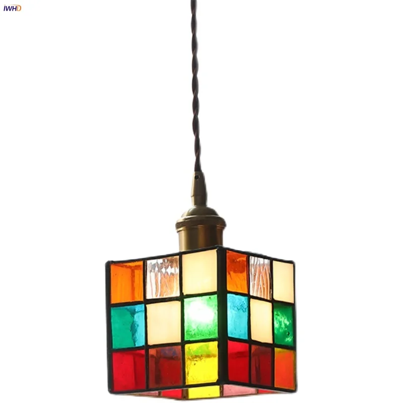 

IWHD Simple Colorful LED Pendant Light Fixture Dining Room Restaurant Aisle Glass Nordic Modern Cube Hang Lamp Lamparas Colgante