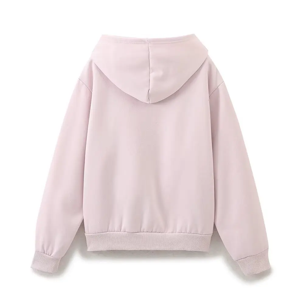 Dave&Di American Retro College Style Solid Color Hooded Pullover Casual Round Neck Sweatshirt Women Tops