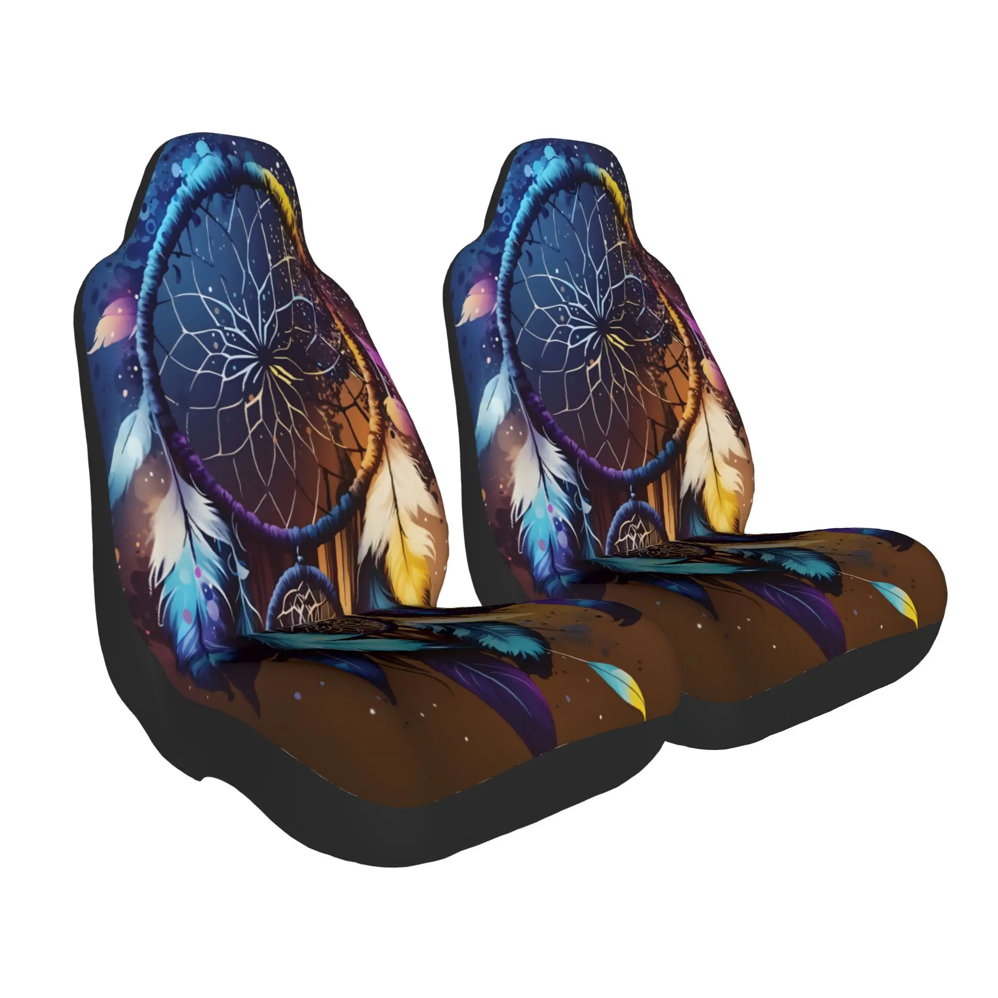 2pcs Enchanting Dreamcatcher With Colorful Feathers And Abstract Splashes Artwork Car Seat Covers | Suitable For SUVs Such As Se