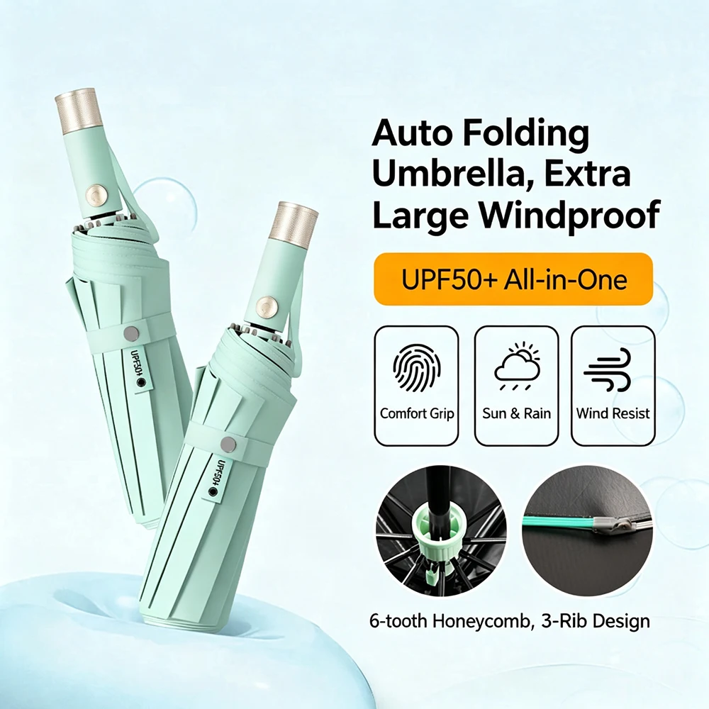 Auto Open Close Umbrella Anti-UV Rain Parasol Strong Wind Resistance Waterproof Sun Block Folding Parasol For Outdoor Travel