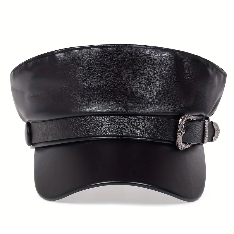 Fashion Women Large belt buckle leather hat Spring Autumn Sailor Hats Black Ladies Beret Caps Men Flat Top Captain Military Caps