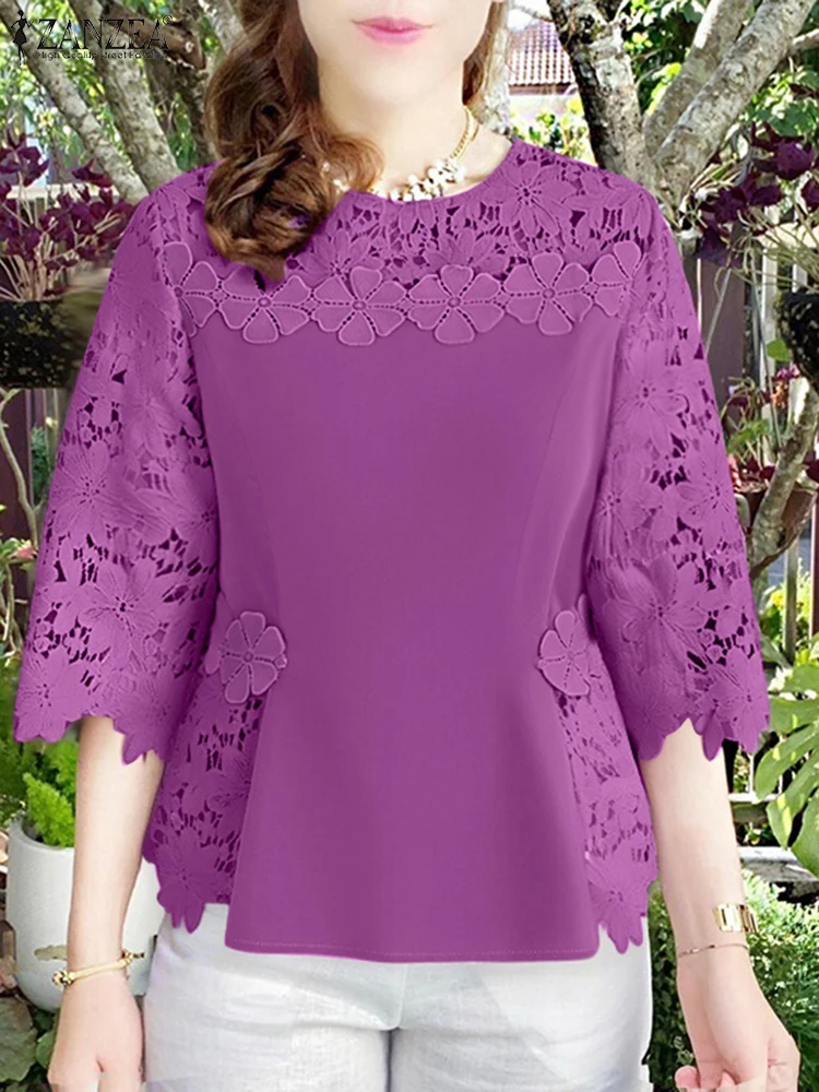 

Vintage Lace Blouses Summer Tops Women Tunic ZANZEA 2025 Casual 3/4 Sleeve Patchwork Blusas Flare Sleeve Pullovers Oversized