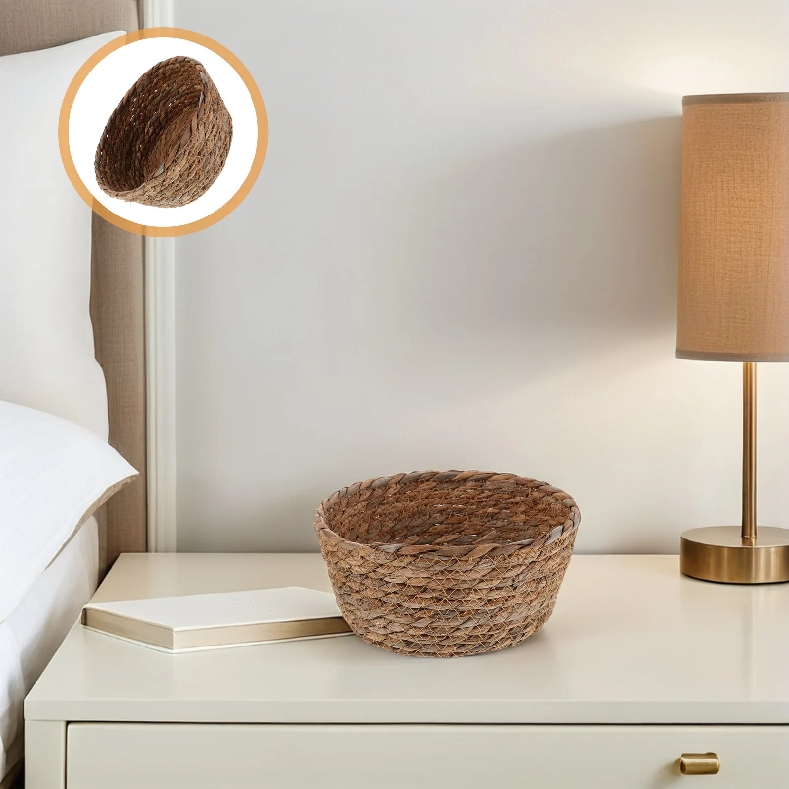 

Small Round Handwoven Rattan Basket Boho Storage Organizer Desktop Kitchen Counter Office Key Fruit Holder Decorative Basket