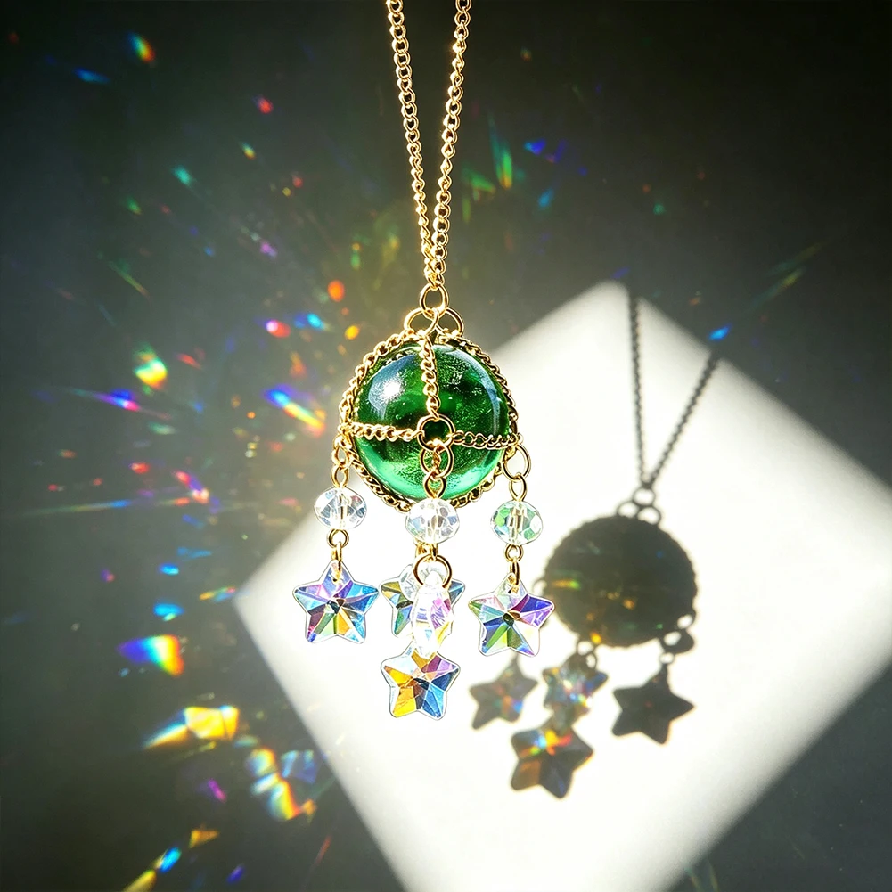 Green Sphere Crystal Suncatcher Pendant Colorful Star Prism Beads Window Hanging Ornament Rainbow‑Maker Home Wall Decor Gift
