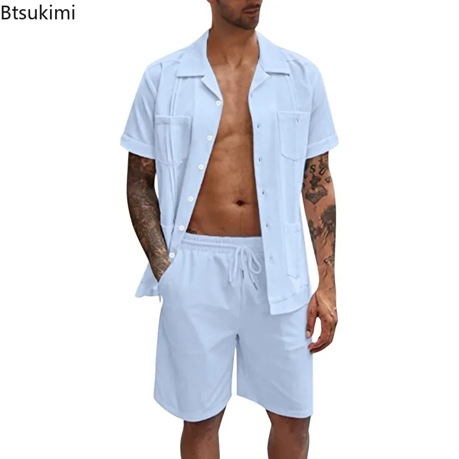 Summer New Men's Casual Sport 2 Piece Sets Fashion Cotton Linen Short Sleeve Shirt and Shorts Suit Men Loose Sport Shirt Outfits