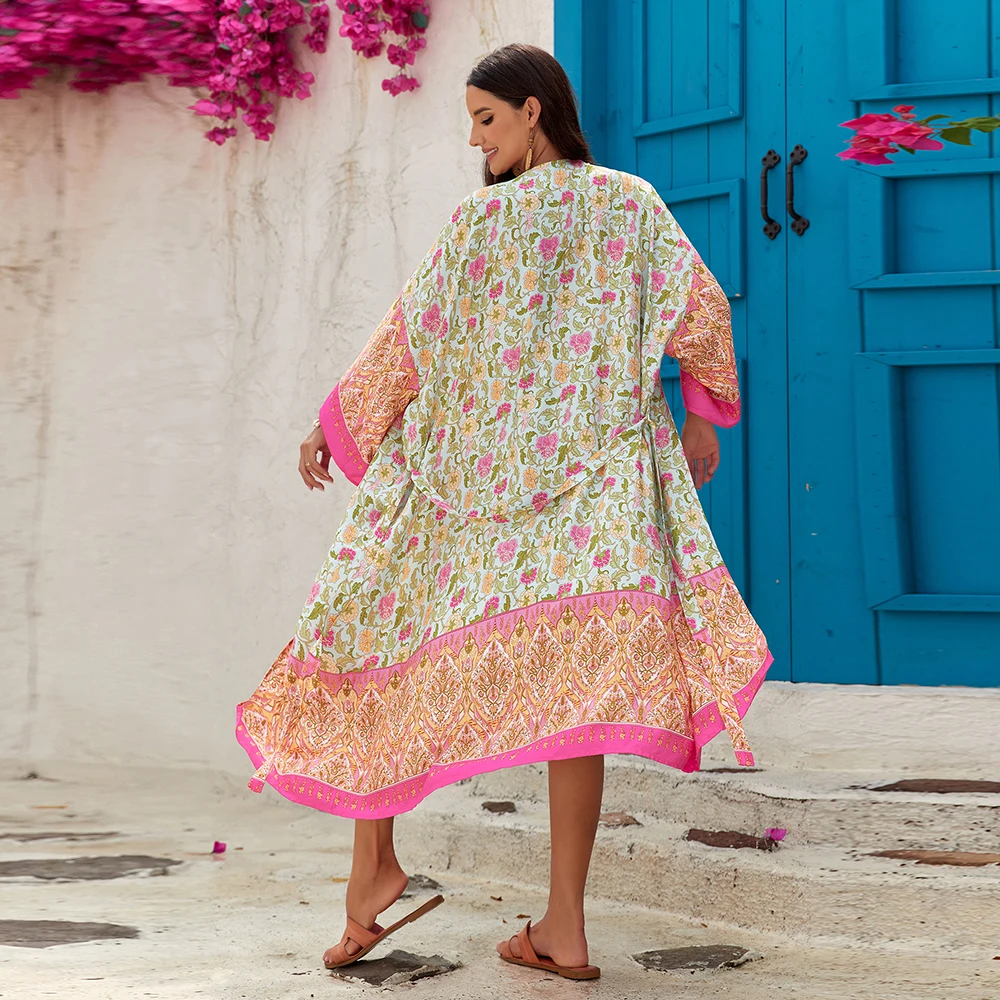 Plus Size Boho Cover Up, damska Plus nadruk zwierzęta rękaw w kształcie skrzydła nietoperza dekolt z dekoltem w szpic luźna, z wycięciem sukienka