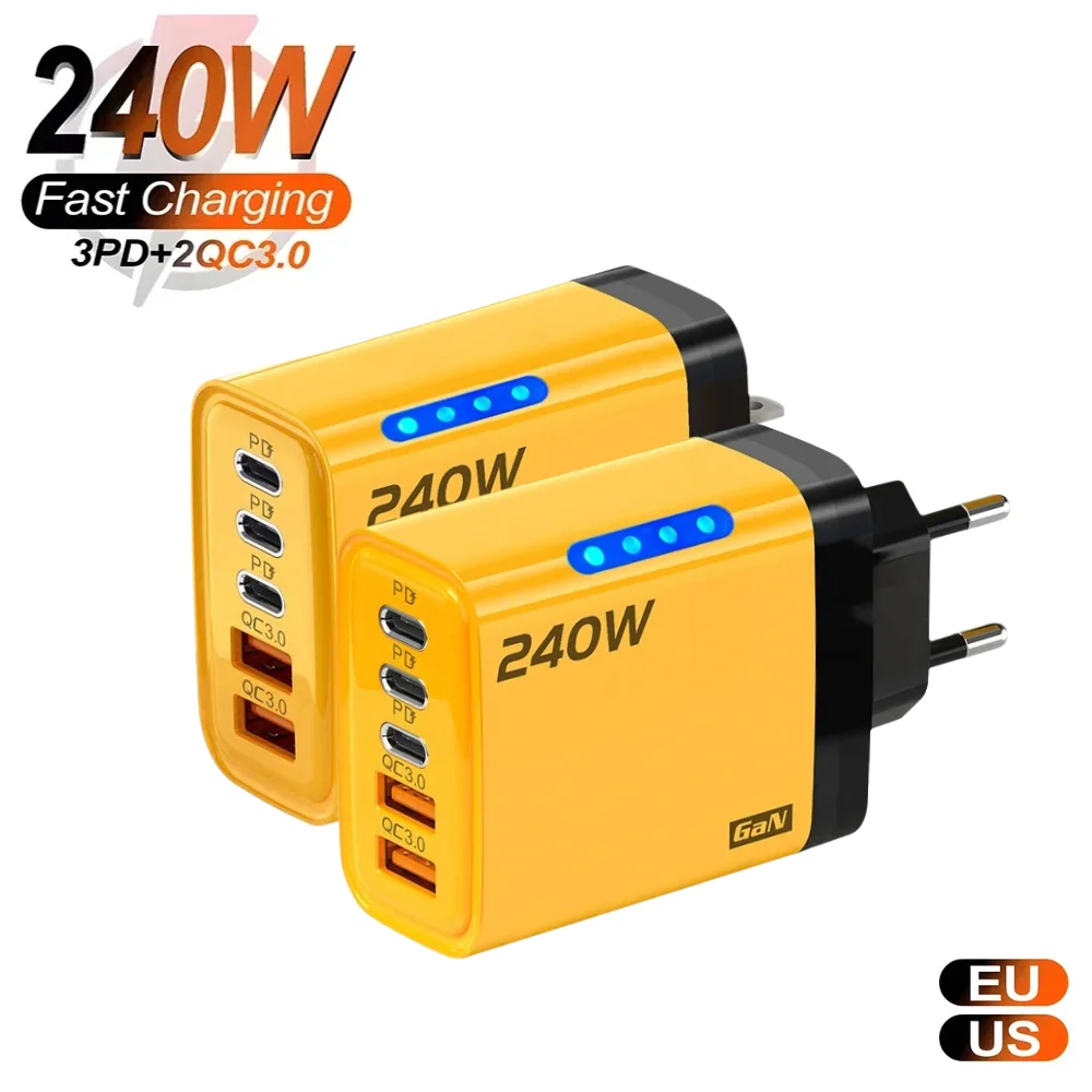 USB GaN Schnellladegerät 240W Typ C Multi Ports Telefonadapter für iPhone Samsung Huawei Xiaomi Schnelllade-Wandladegerät