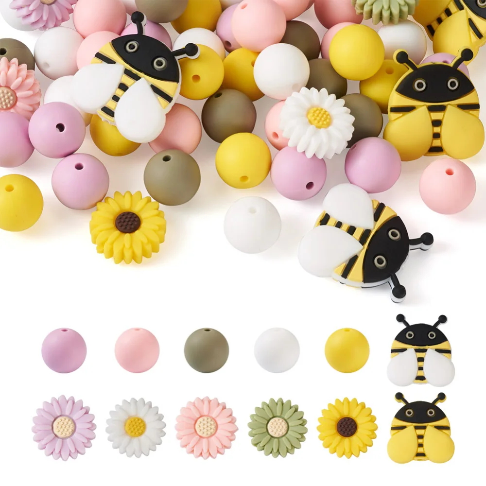 59pcs/Bag Spring Summer Theme Silicone Beads Round Daisy Bees Rubber Loose Bead For DIY Earring Necklace Jewelry Making