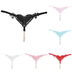 Women Sexy Lingerie Panties Heart Embroidery Micro G-String Beaded Thin Straps Thong Hollow Out See-Through T-Back Tangas Mujer