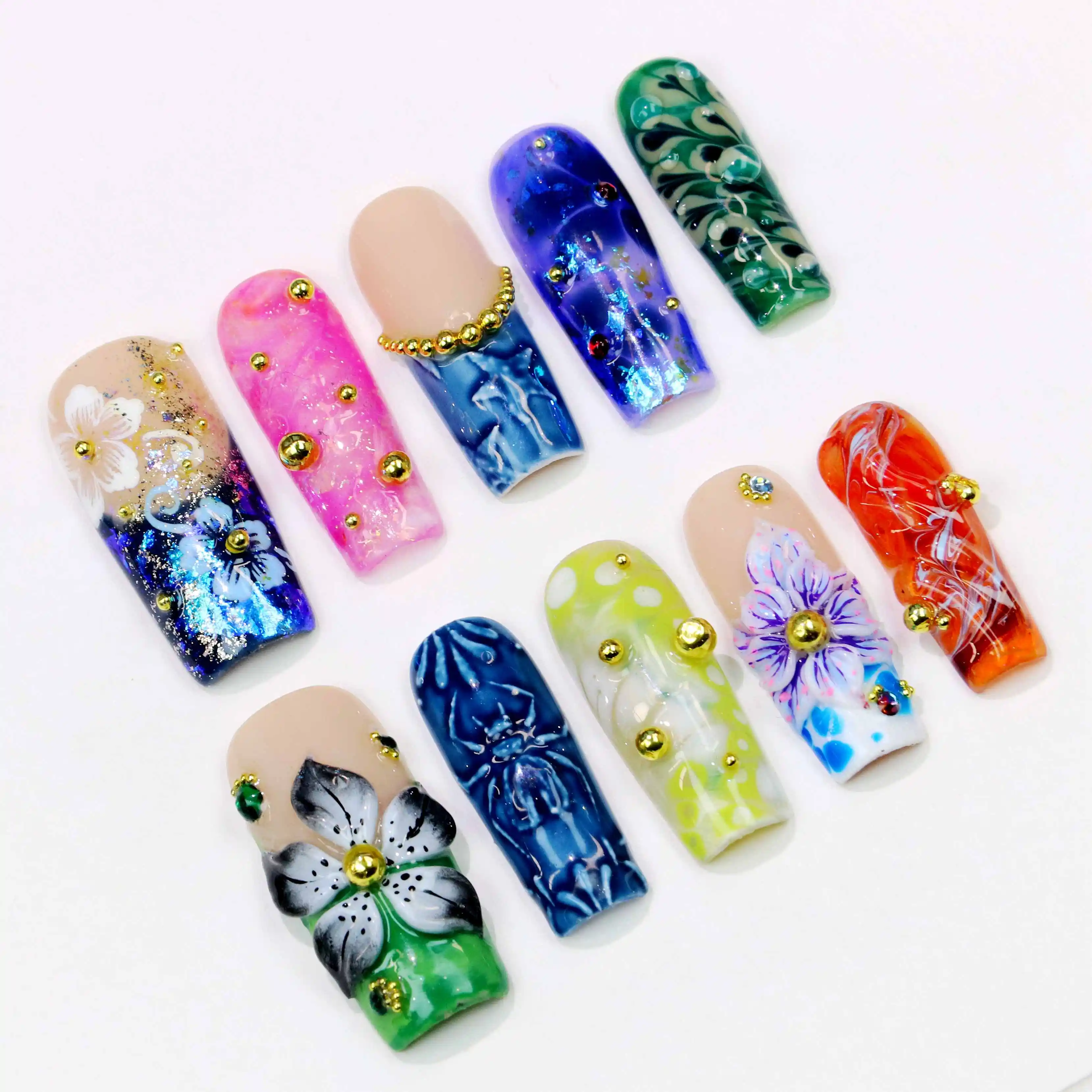 10 قطعة ثلاثية الأبعاد جميلة اليدوية مانيكير الصحافة على الأظافر ، الاكريليك وهمية رسمت باليد طويل التابوت الزهور تصميم مخصص نمط الحرة مسمار