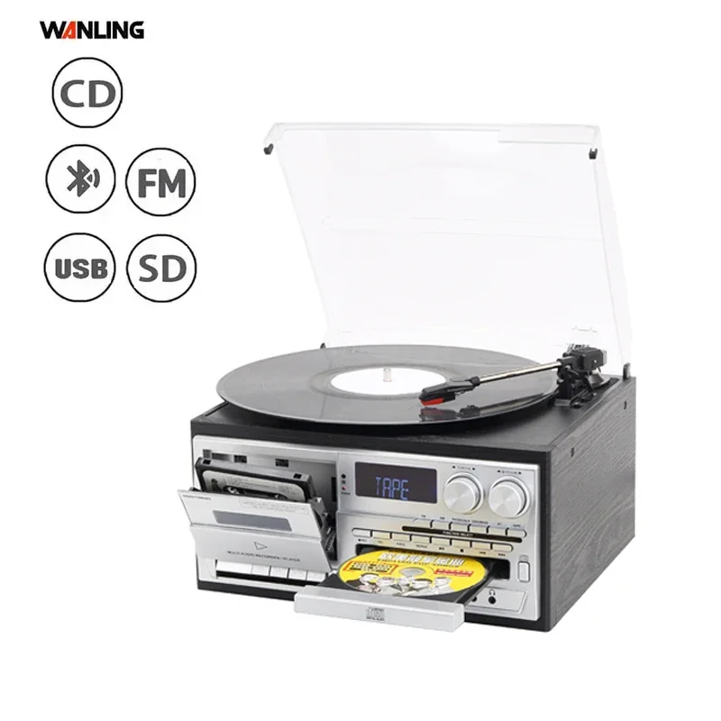 Latest 2024 model Bluetooth Turntable Player Gramophone AM FM Radio USB SD Tape Record Vinyl  With Built In Speakers