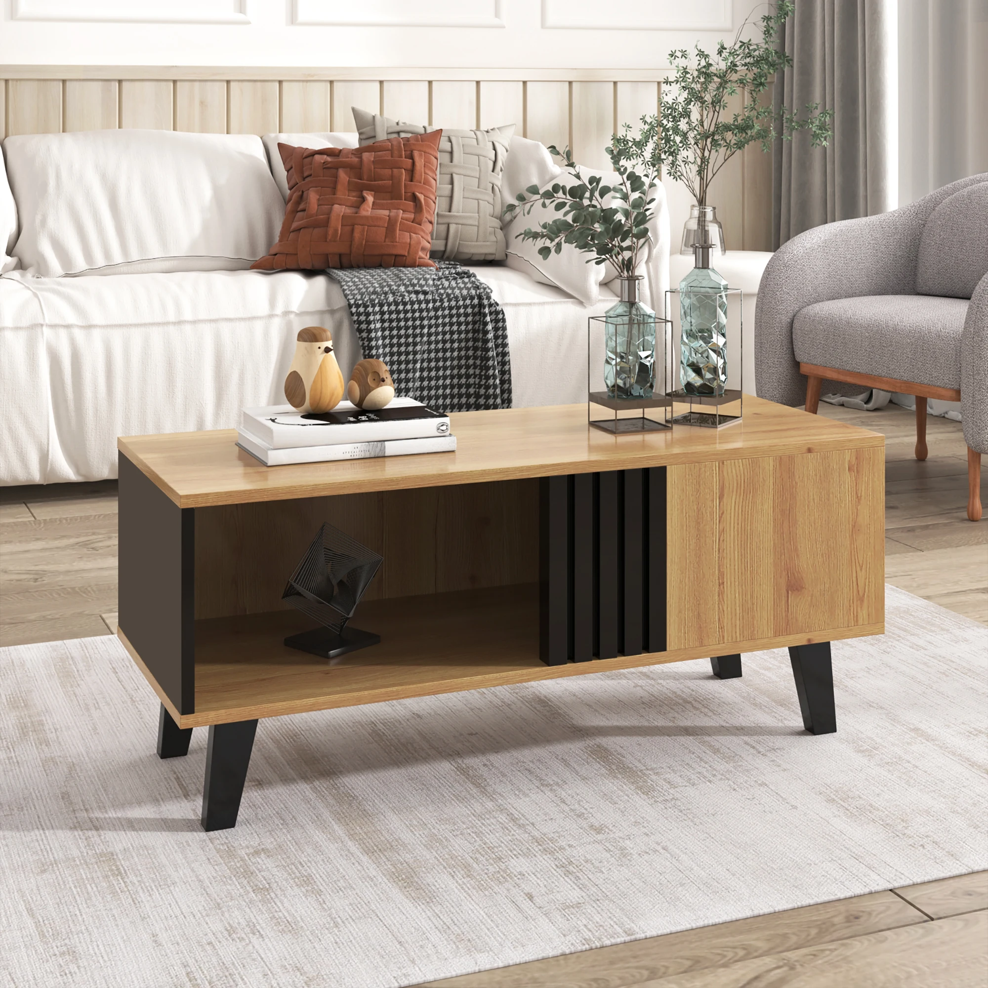 Table basse avec rangement et 2 niches - Effet bois et noir, panneaux en particules - Naturel 100 × 60 × 45 cm