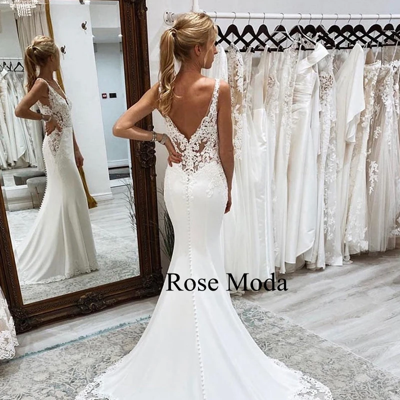 Rose Moda Deep V Neck Sheath Wedding Dresses with Lace Cut Out Train Destination Bridal Gown Custom Make