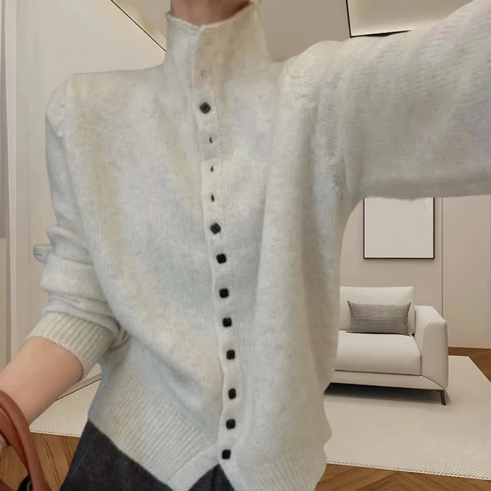 New Solid Color Stand-Up Collar Sweater Korean Style Soft Casual Knitwear Single Breasted Women Knitted Top Women