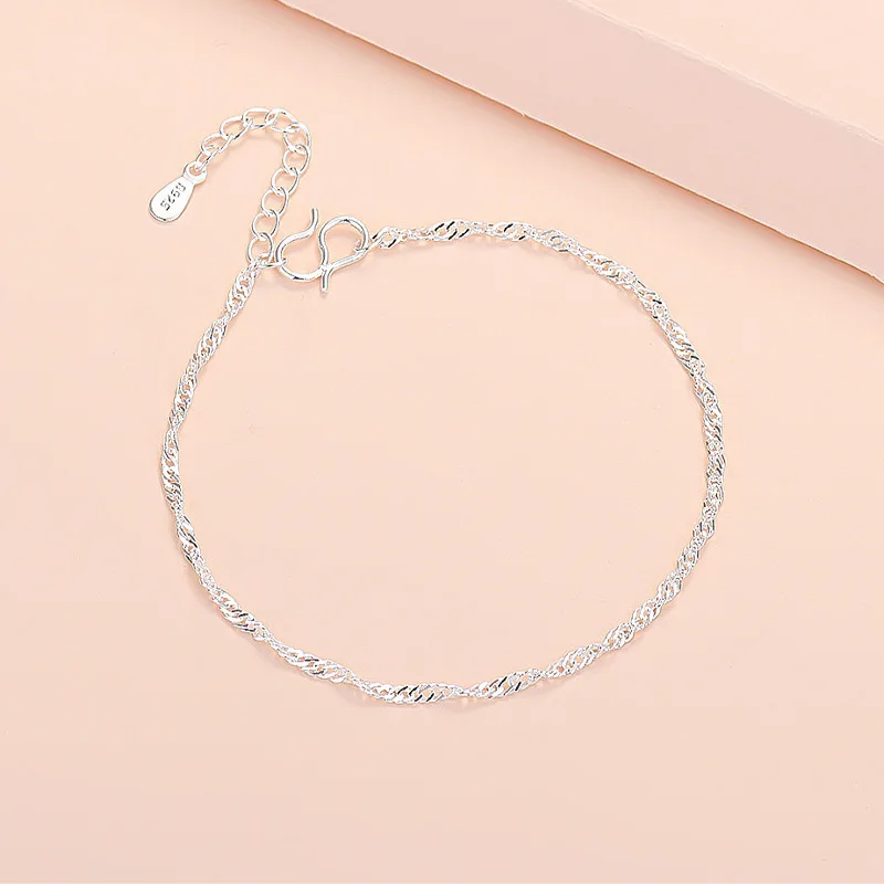 Sterling Silver Color Bracelets for Women Water Wave Charm Female Hand Chain Link Orignal Fashion Jewelry With Stamp