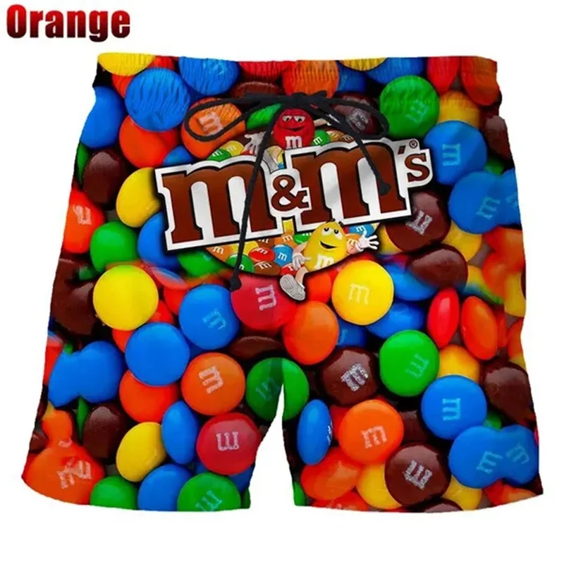 Funny M&M\'s Chocolate Bean Beach Shorts Men 3D Printed M&M Board Shorts Swimsuit Bermuda Swim Trunks Cool Kids Ice Shorts Pants