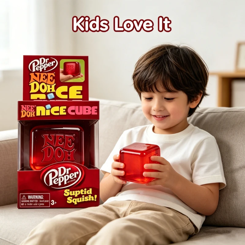 Brinquedo Squishy NeeDoh x Dr Pepper Nice Cube, Cubo Antiestresse para Alívio da Ansiedade, Brinquedo Sensorial para Crianças e Adultos