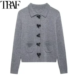 TRAF 2024 Cropped Cardigans for Woman Knitted Short Sweaters for Women Long Sleeve Button Cardigan Women Autumn Knitwears Tops