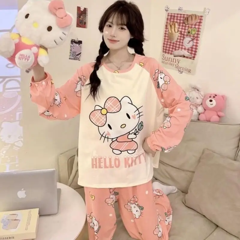 Sanrio Hello Kitty Cute Pajama Set Lady Pyjama Spring Nightwear Long Sleeve Pant Sleepwear Cartoon Pijama Student Home Wears New